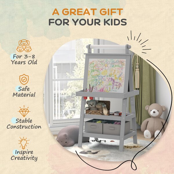 AIYAPLAY 3 in 1 Kids Art Easel, Double-Sided Magnetic Whiteboard and Chalkboard with Paper Roll, Storage Baskets, Painting Easel for Kids, Grey Aosom UK