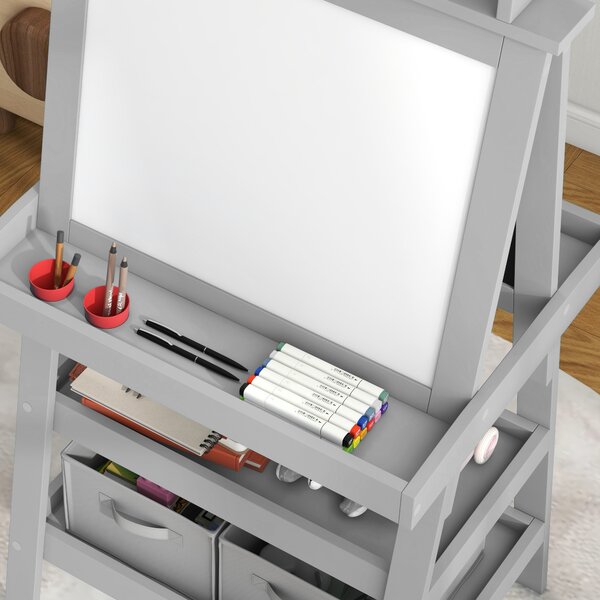 AIYAPLAY 3 in 1 Kids Art Easel, Double-Sided Magnetic Whiteboard and Chalkboard with Paper Roll, Storage Baskets, Painting Easel for Kids, Grey Aosom UK