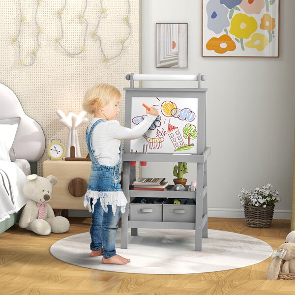 AIYAPLAY 3 in 1 Kids Art Easel, Double-Sided Magnetic Whiteboard and Chalkboard with Paper Roll, Storage Baskets, Painting Easel for Kids, Grey Aosom UK