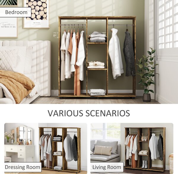 HOMCOM Open Wardrobe Double Mobile Storage Shelves Organizer W/6 Wheels-Rustic Brown