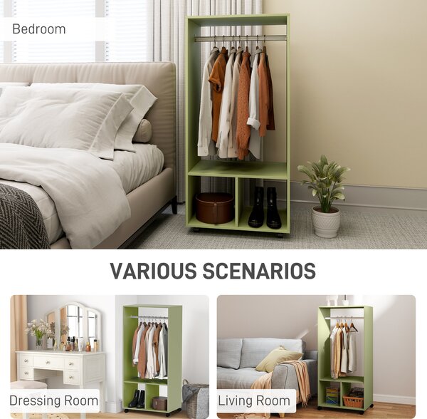 HOMCOM Open Wardrobe for Bedroom, Small Wardrobe on Wheels with Clothes Rail, Storage Shelves, Mobile Garment Rack for Clothes Storage, Cloakroom, Hallway, Green