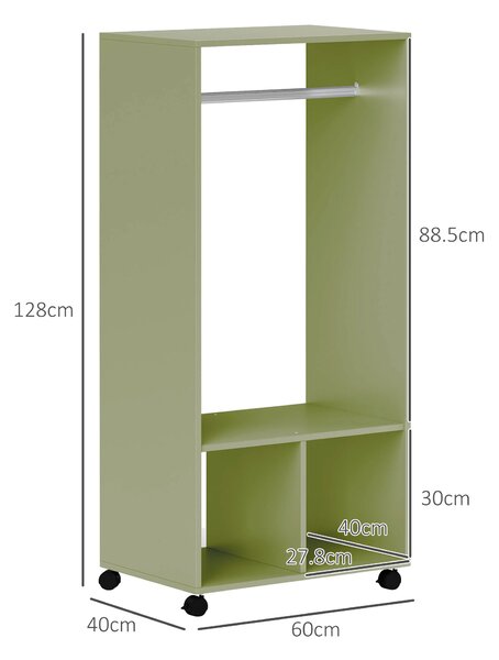 HOMCOM Open Wardrobe for Bedroom, Small Wardrobe on Wheels with Clothes Rail, Storage Shelves, Mobile Garment Rack for Clothes Storage, Cloakroom, Hallway, Green