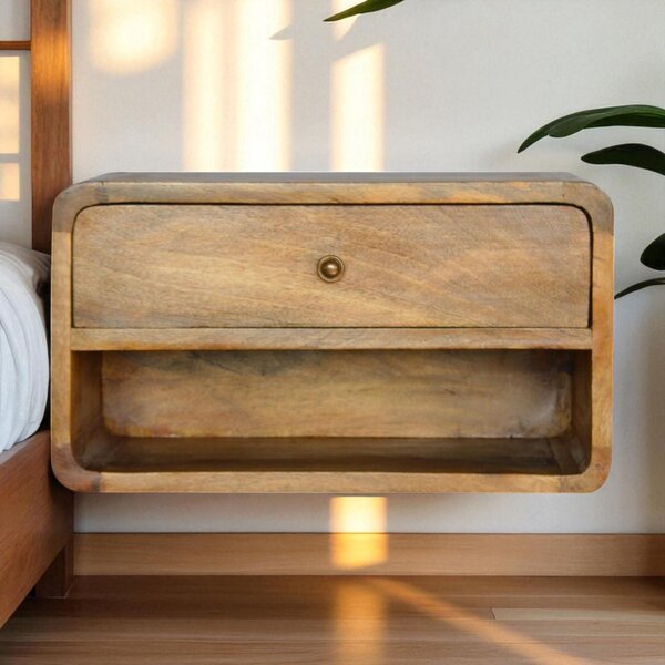 Solid Wood Floating Bedside Table with Drawer and Open Shelf, Handcrafted Desk with Clear Natural Finish, 32L x 45W x 25H cm, Brown Aosom UK