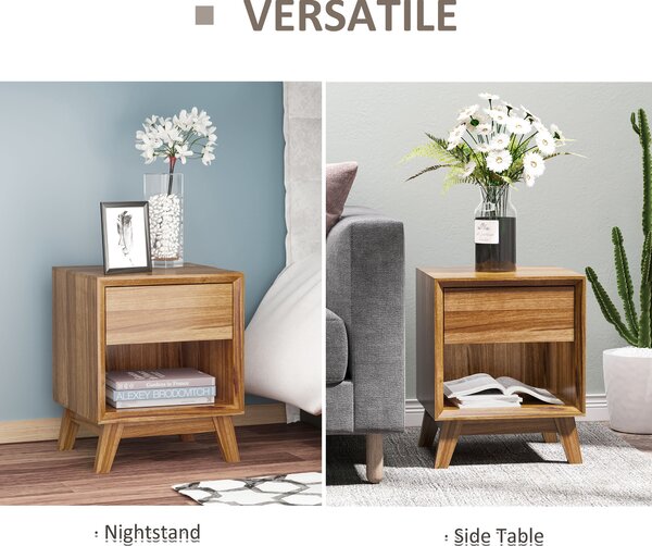 HOMCOM Bedside Table Nightstand, Modern End Table with Drawer and Shelf for Living Room, Walnut Brown Aosom UK