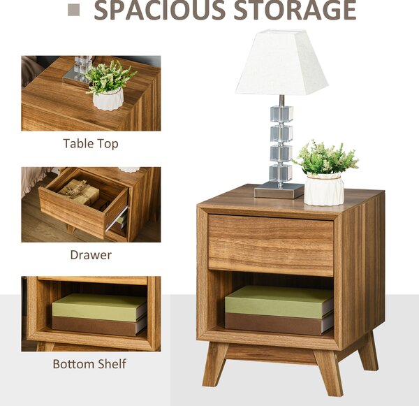 HOMCOM Bedside Table Nightstand, Modern End Table with Drawer and Shelf for Living Room, Walnut Brown Aosom UK