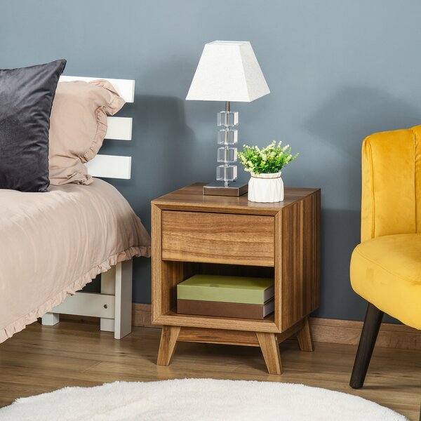 HOMCOM Bedside Table Nightstand, Modern End Table with Drawer and Shelf for Living Room, Walnut Brown Aosom UK