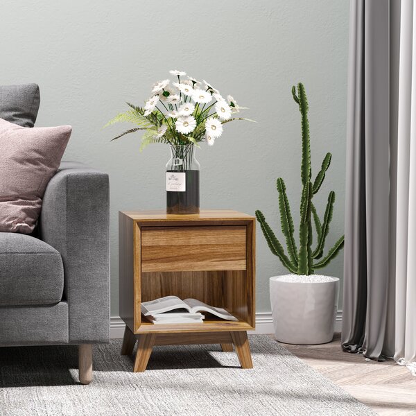 HOMCOM Bedside Table Nightstand, Modern End Table with Drawer and Shelf for Living Room, Walnut Brown Aosom UK
