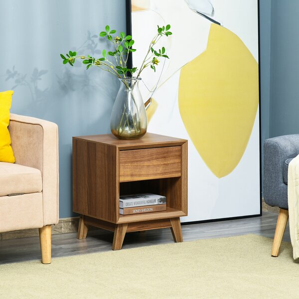 HOMCOM Bedside Table Nightstand, Modern End Table with Drawer and Shelf for Living Room, Walnut Brown Aosom UK