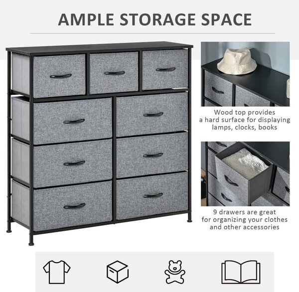 HOMCOM 9 Drawers Storage Chest Dresser Organizer Unit , Easy Pull Fabric Bins, for Bedroom, Hallway, Entryway, Black & Grey