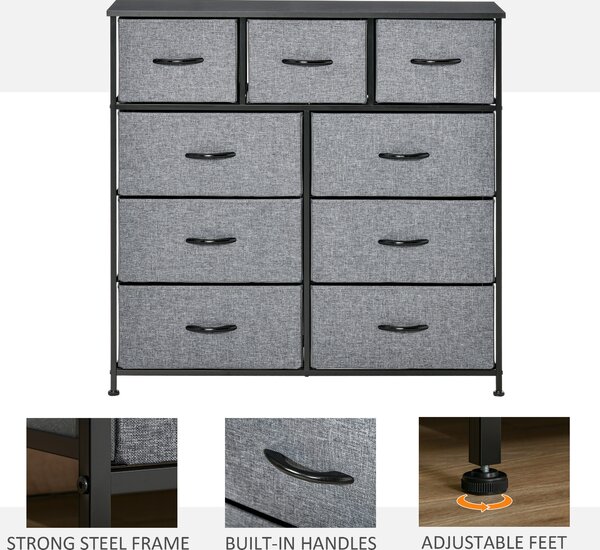 HOMCOM 9 Drawers Storage Chest Dresser Organizer Unit , Easy Pull Fabric Bins, for Bedroom, Hallway, Entryway, Black & Grey