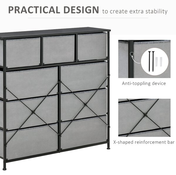 HOMCOM 9 Drawers Storage Chest Dresser Organizer Unit , Easy Pull Fabric Bins, for Bedroom, Hallway, Entryway, Black & Grey