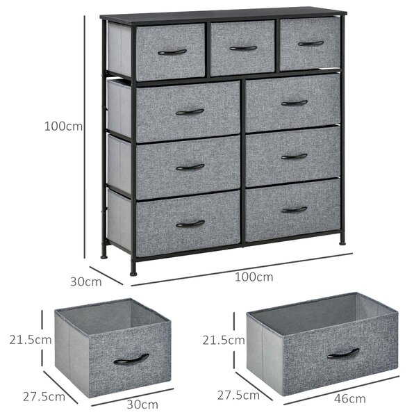 HOMCOM 9 Drawers Storage Chest Dresser Organizer Unit , Easy Pull Fabric Bins, for Bedroom, Hallway, Entryway, Black & Grey