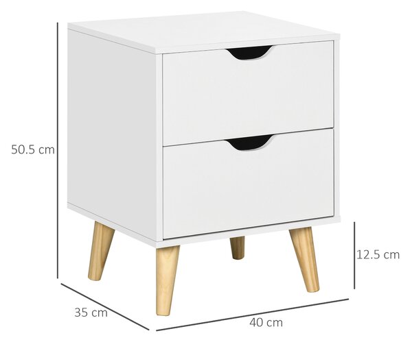 HOMCOM Bedside Table, Bedside Cabinet with 2 Drawers, Side End Table with Pine Wood Legs for Bedroom Living Room, White