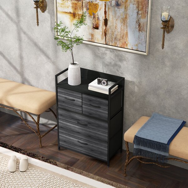 HOMCOM Rustic Chest of Four Fabric Drawers - Black