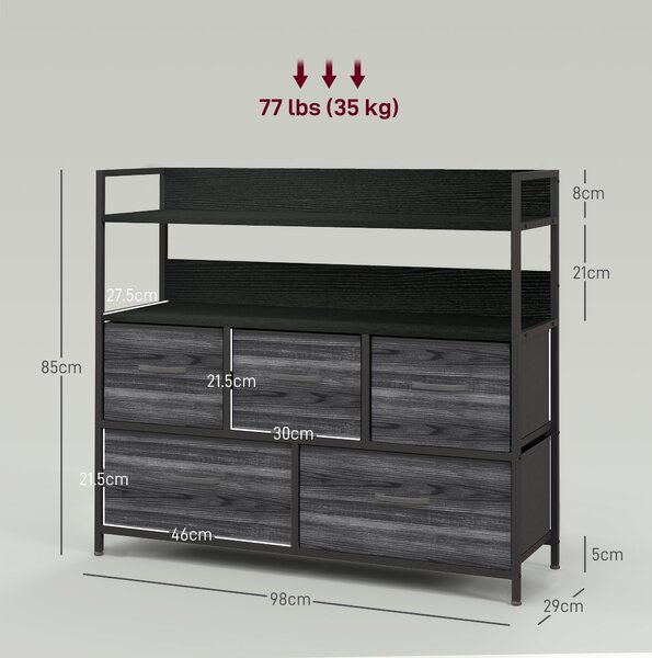 HOMCOM Rustic Chest of Five Fabric Drawers - Black