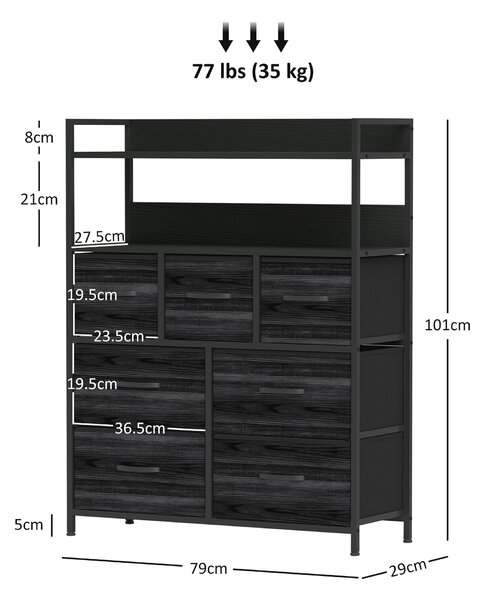 HOMCOM Rustic Chest of Seven Fabric Drawers - Black