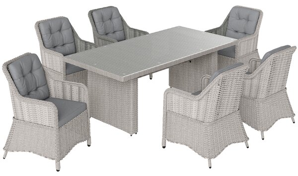 Outsunny 7 PCS Outdoor PE Rattan Dining Table Set, Patio Wicker Aluminium Chair Furniture w/ Tempered Glass Table Top, Cat Scratch Resistant, Grey