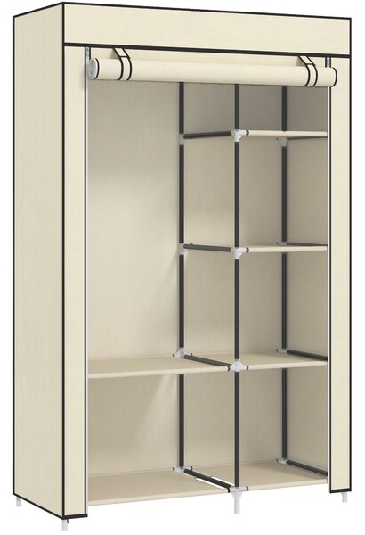 HOMCOM Fabric Wardrobe, Portable Wardrobe with 6 Shelves, 1 Hanging Rail, Foldable Closets, 103 x 43 x 162.5 cm, Cream White