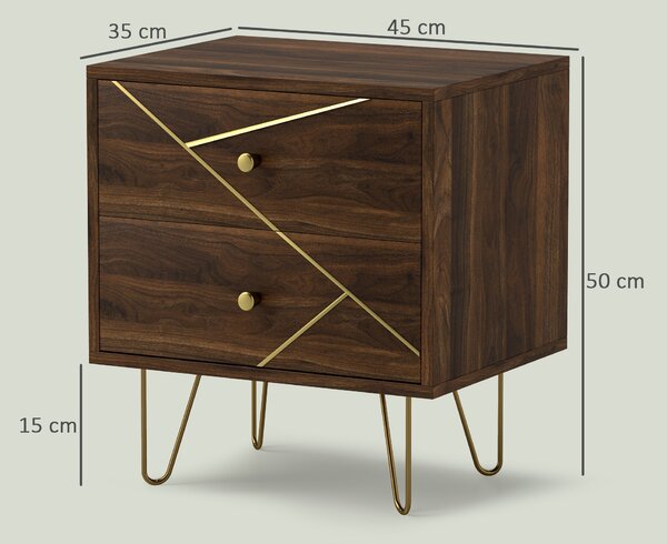 HOMCOM Bedside Tables Set of 2, Modern Side Table Set with 2 Drawers and Steel Hairpin Legs, Nightstand for Bedroom, Brown Wood Grain