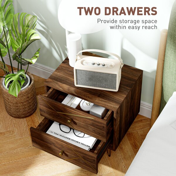 HOMCOM Bedside Tables Set of 2, Modern Side Table Set with 2 Drawers and Steel Hairpin Legs, Nightstand for Bedroom, Brown Wood Grain
