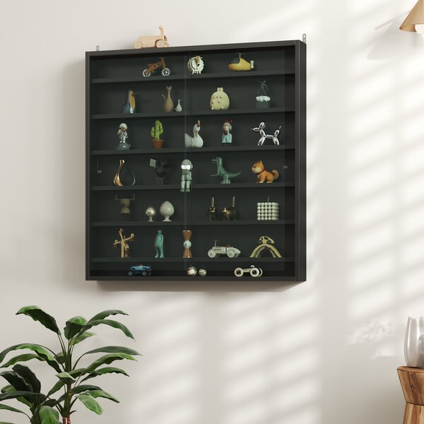 HOMCOM 7-Tier Wall Display Shelf Unit Cabinet w/ 6 Adjustable Shelves Glass Doors Home Office Ornaments 83x80cm, Black