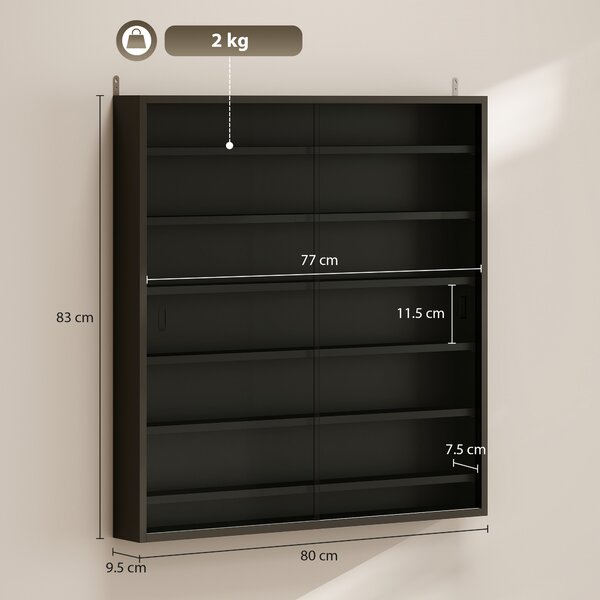 HOMCOM 7-Tier Wall Display Shelf Unit Cabinet w/ 6 Adjustable Shelves Glass Doors Home Office Ornaments 83x80cm, Black