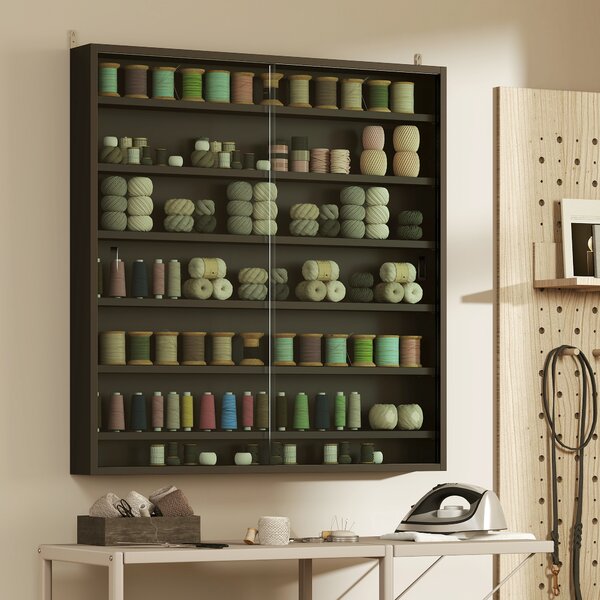 HOMCOM 7-Tier Wall Display Shelf Unit Cabinet w/ 6 Adjustable Shelves Glass Doors Home Office Ornaments 83x80cm, Black