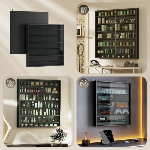 HOMCOM 7-Tier Wall Display Shelf Unit Cabinet w/ 6 Adjustable Shelves Glass Doors Home Office Ornaments 83x80cm, Black