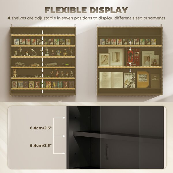 HOMCOM 7-Tier Wall Display Shelf Unit Cabinet w/ 6 Adjustable Shelves Glass Doors Home Office Ornaments 83x80cm, Black