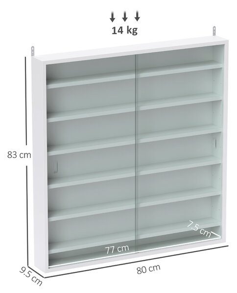 HOMCOM 7-Tier Wall Display Shelf Unit Cabinet w/ 6 Adjustable Shelves Glass Doors Home Office Ornaments 83x80cm, White