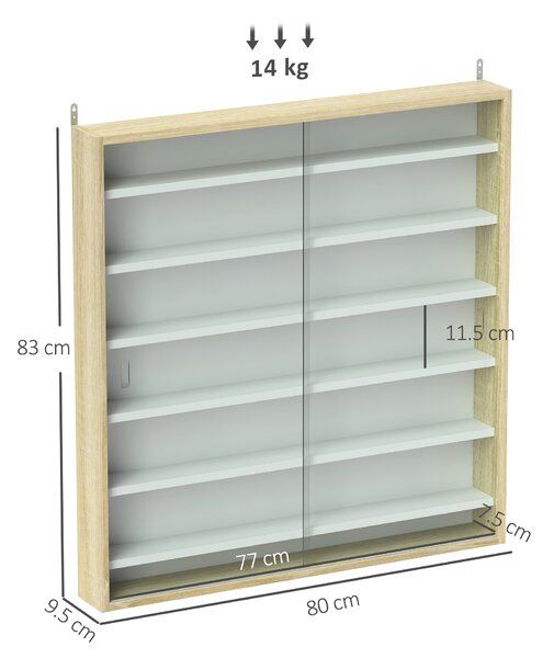 HOMCOM 7-Tier Wall Display Shelf Unit Cabinet w/ 6 Adjustable Shelves Glass Doors Home Office Ornaments 83x80cm, Oak