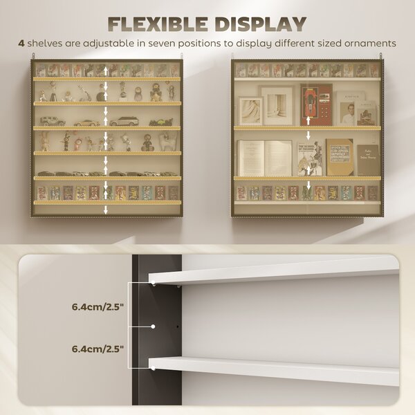 HOMCOM 7-Tier Wall Display Shelf, Display Cabinet w/ 6 Adjustable Shelves, Glass Doors, Home Office Ornaments, Black & White Aosom UK