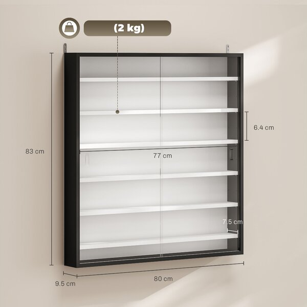 HOMCOM 7-Tier Wall Display Shelf, Display Cabinet w/ 6 Adjustable Shelves, Glass Doors, Home Office Ornaments, Black & White Aosom UK