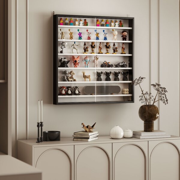 HOMCOM 7-Tier Wall Display Shelf, Display Cabinet w/ 6 Adjustable Shelves, Glass Doors, Home Office Ornaments, Black & White Aosom UK