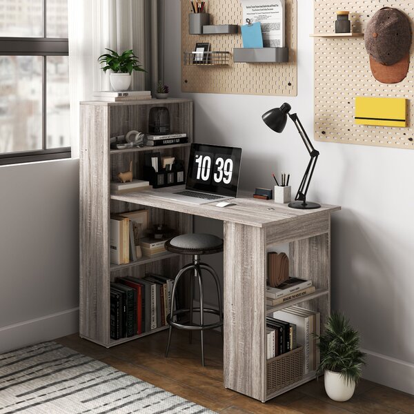 HOMCOM 120cm Modern Computer Desk Bookshelf Study Table Workstation PC Laptop Writing Home Office 6 Shelves, Grey Wood-Effect