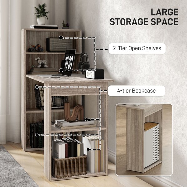 HOMCOM 120cm Modern Computer Desk Bookshelf Study Table Workstation PC Laptop Writing Home Office 6 Shelves, Grey Wood-Effect