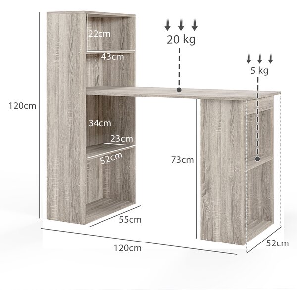 HOMCOM 120cm Modern Computer Desk Bookshelf Study Table Workstation PC Laptop Writing Home Office 6 Shelves, Grey Wood-Effect