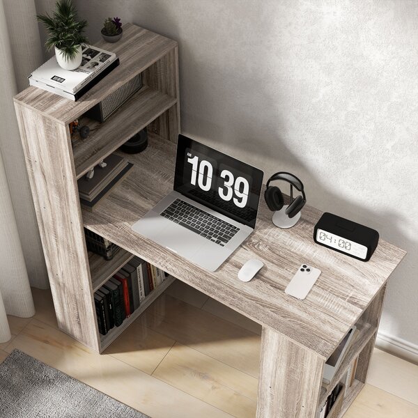 HOMCOM 120cm Modern Computer Desk Bookshelf Study Table Workstation PC Laptop Writing Home Office 6 Shelves, Grey Wood-Effect