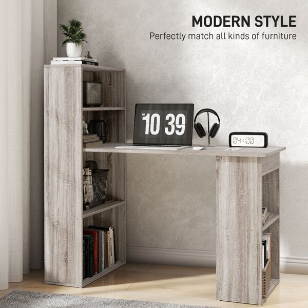 HOMCOM 120cm Modern Computer Desk Bookshelf Study Table Workstation PC Laptop Writing Home Office 6 Shelves, Grey Wood-Effect