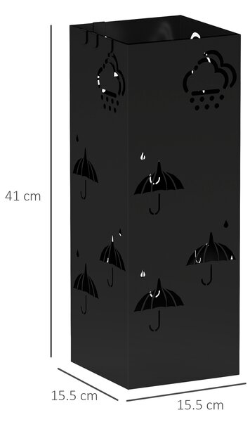 HOMCOM Metal Umbrella Stand, Square Umbrella Holder with Removable Drip Tray and 4 Hooks, Decorative Umbrella Storage Rack for Hallway, Entryway, 15.5 x 15.5 x 41 cm, Black