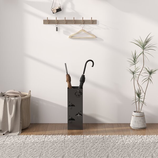 HOMCOM Metal Umbrella Stand, Square Umbrella Holder with Removable Drip Tray and 4 Hooks, Decorative Umbrella Storage Rack for Hallway, Entryway, 15.5 x 15.5 x 41 cm, Black