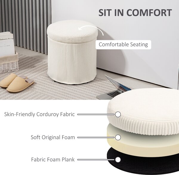 HOMCOM 40cm Round Storage Ottoman, Corduroy Footstool with Removable Lid and Legs, Vanity Stool for Living Room, Bedroom, Beige
