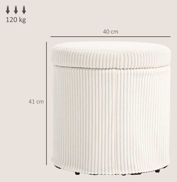 HOMCOM 40cm Round Storage Ottoman, Corduroy Footstool with Removable Lid and Legs, Vanity Stool for Living Room, Bedroom, Beige
