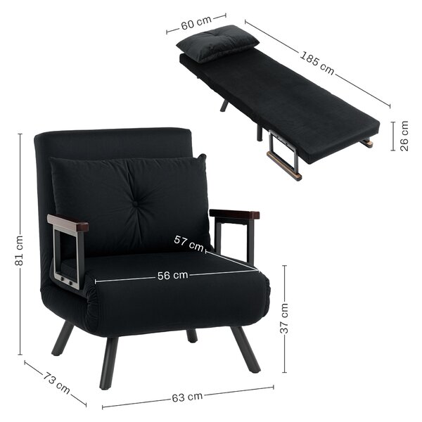 HOMCOM 4-in-1 Velvet-Feel Single Chair Bed, with Pillow - Black
