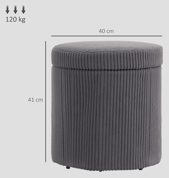HOMCOM 40cm Round Storage Ottoman, Corduroy Footstool with Removable Lid and Legs, Vanity Stool for Living Room, Bedroom, Grey