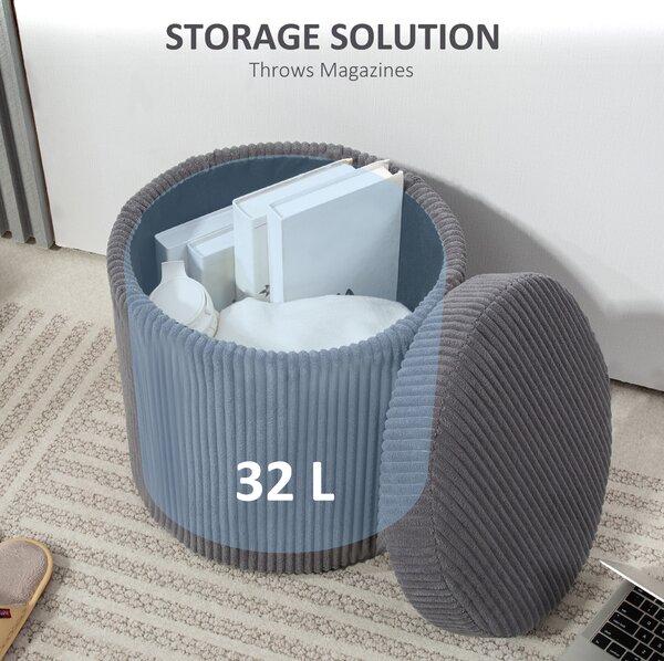 HOMCOM 40cm Round Storage Ottoman, Corduroy Footstool with Removable Lid and Legs, Vanity Stool for Living Room, Bedroom, Grey