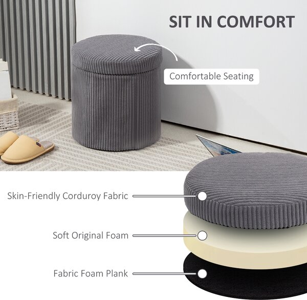 HOMCOM 40cm Round Storage Ottoman, Corduroy Footstool with Removable Lid and Legs, Vanity Stool for Living Room, Bedroom, Grey