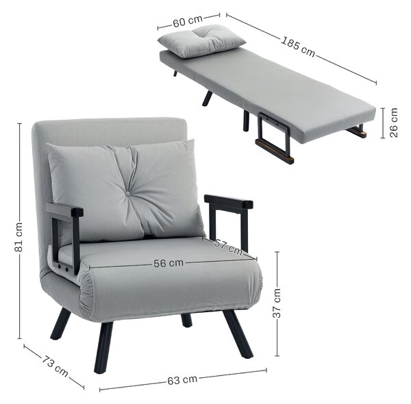 HOMCOM 4-in-1 Velvet-Feel Single Chair Bed, with Pillow - Light Grey