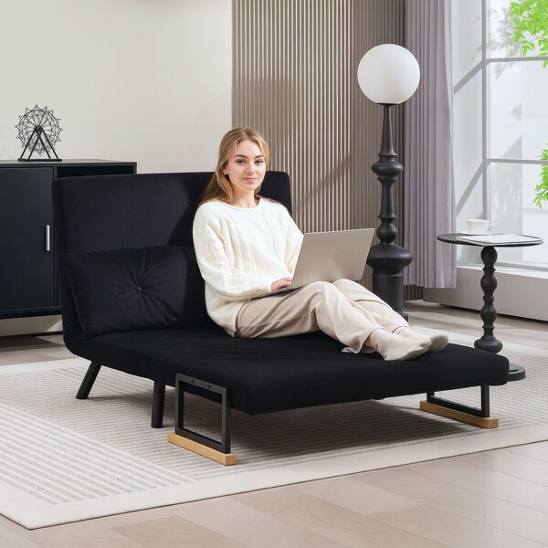 HOMCOM Convertible Double Sofa Bed, 180° Recline, Velvet Touch Fabric & Wooden Armrests, with 20CM Cushions & 2 Pillows, Black Aosom UK