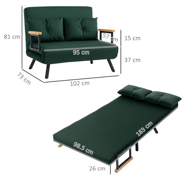 HOMCOM 4-in-1 Velvet-Feel Double Sofa Bed, with Pillows, Green Aosom UK